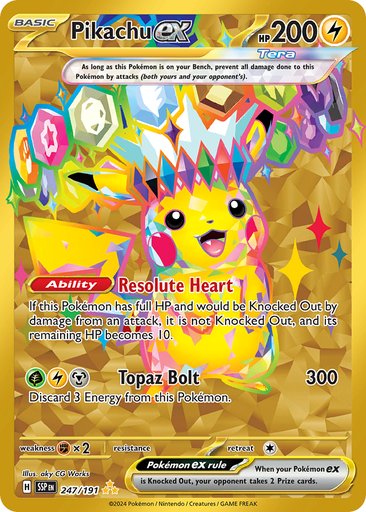 Pikachu ex 247/191 card from SV08: Surging Sparks